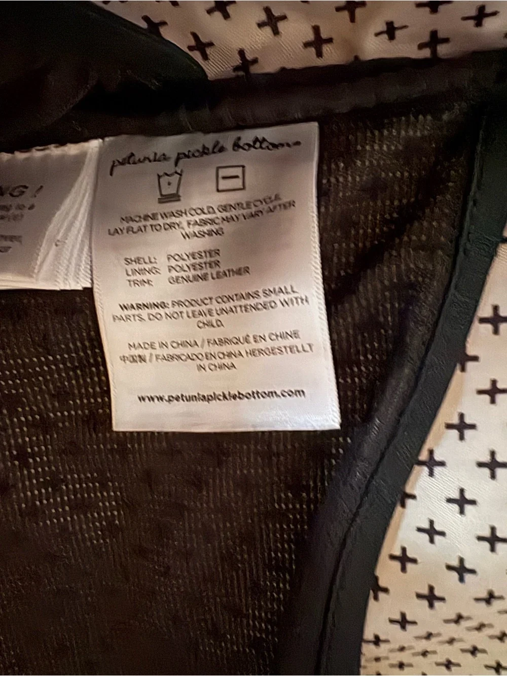 Petunia Pickle Bottom Black Backpack with White Triangle Print and Tan Accents